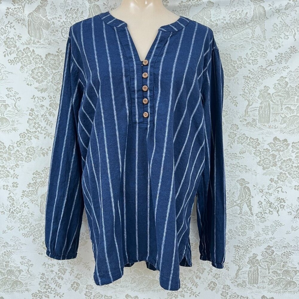 Duluth Trading Shirt Gorpcore Granola Girl Long Sleeve Blue Striped XL Hemp